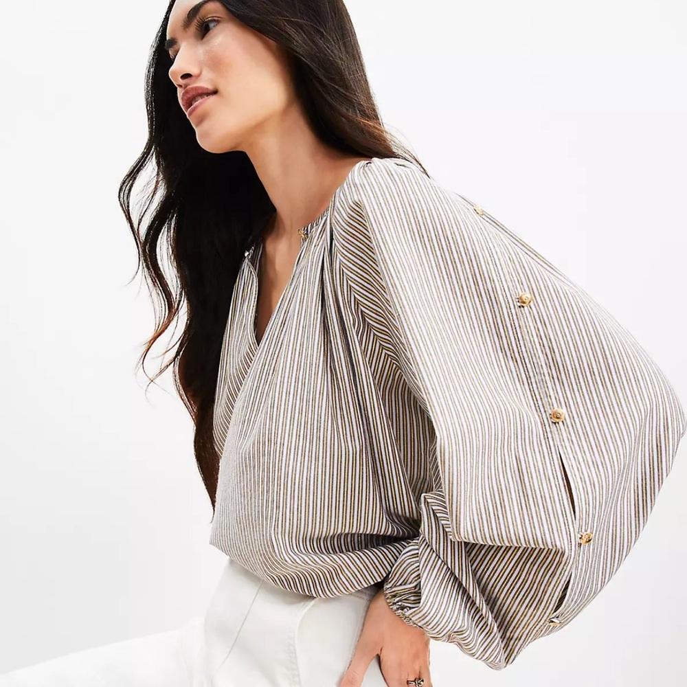 LOFT Cream and Black‎ Striped Peasant Blouse - Picture 4 of 12
